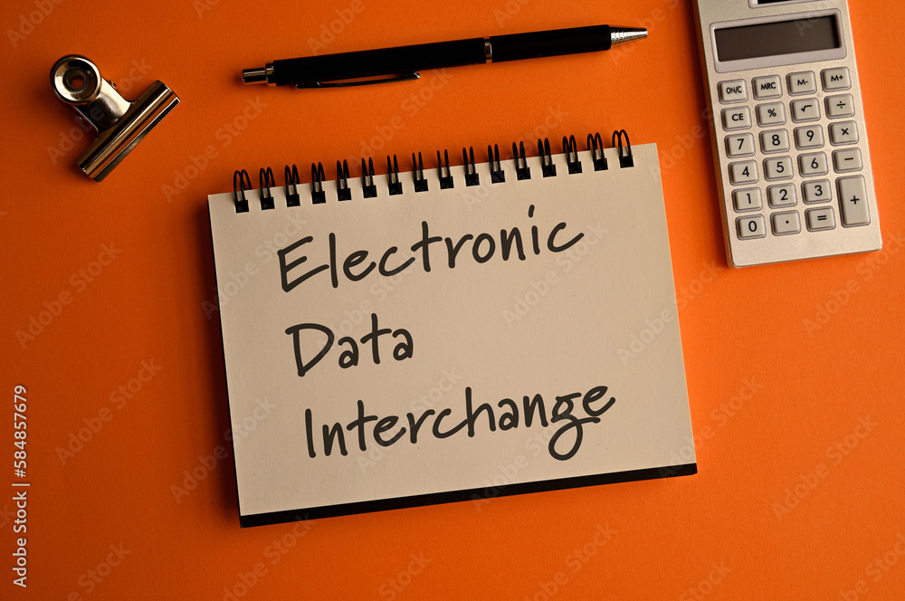 Poster there is a notebook with the word electronic data interchange. it is eye-catching image.