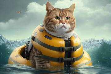 Cat wearing lifejacket and paddling in inflatable boat, created with Generative AI technology - obrazy, fototapety, plakaty