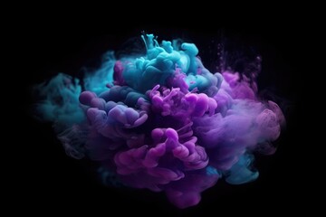 Neon blue and purple multicolored smoke puff cloud design elements on a dark background. Generative AI