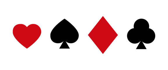 Poker playing cards suits symbols. Four Spades Hearts Diamonds and Clubs icons isolated on white background