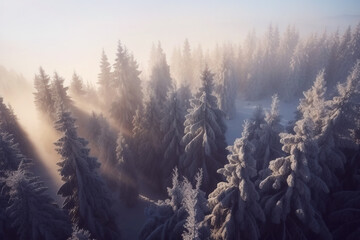 View From Above of Winter Pine Forest Covered in Snow. AI generated Illustration.