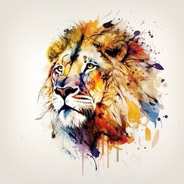 Oil painting of a Lions head in colorful colors, white background - Generative AI