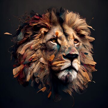 Painting of a Lions head on a black background, pride of lions - Generative AI