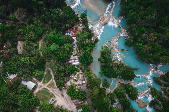 aerial view of waterfalls in a river in mexico. Cascada azul. 