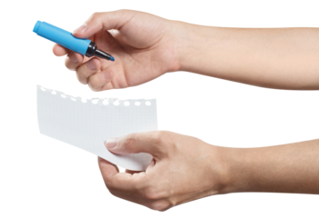 Outstretched hands holding a piece of paper and a blue marker, cut out