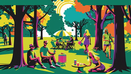 people in the park with pop art style generative ai