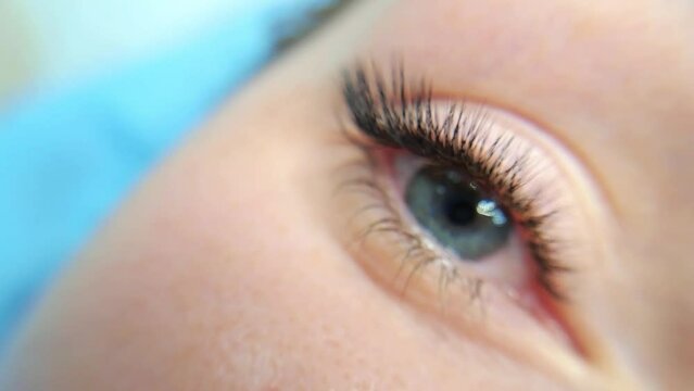 Close up of eye with eyelash extensions ,beauty salon treatment ,2d volume, 3d volume, classical lashes,Russian volume,megavolume, new set