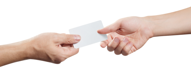 Hands sharing a blank card or a ticket/flyer, cut out