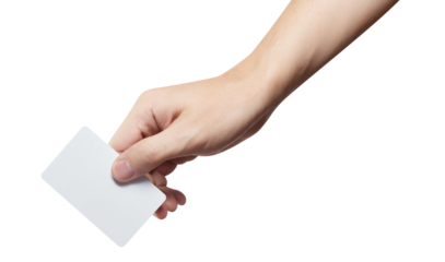 Hand holding a blank card or a ticket/flyer, cut out