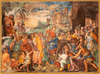 GENOVA, ITALY - MARCH 5, 2023: The fresco of Entry of Jesus in Jerusalem in the church Chiesa del...