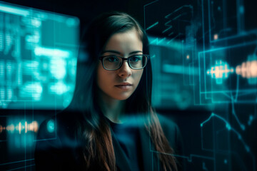 woman with glasses using holographic displays, generated by AI