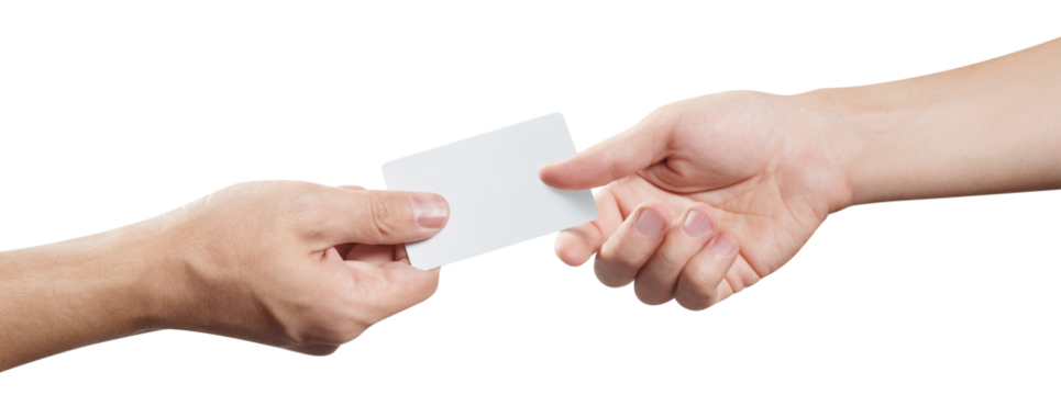 Hands sharing a blank card or a ticket/flyer, cut out