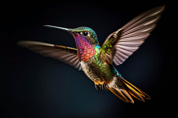 Colorful Hummingbird in Flight on Black Background . AI generated Illustration.