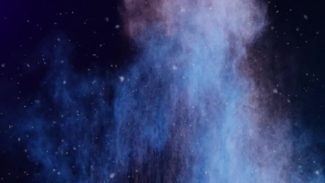 Animation of white particles falling over hand throwing colorful powder on black background