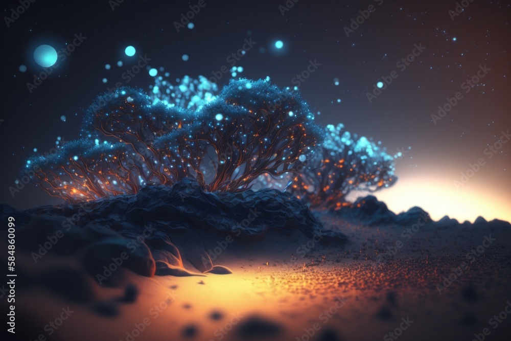 Poster a computer generated image of a tree in the night sky with stars lunar landscape animation motion gr