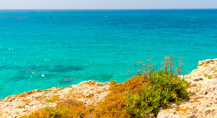 beautiful sea summer background banner with shore sky and rocks