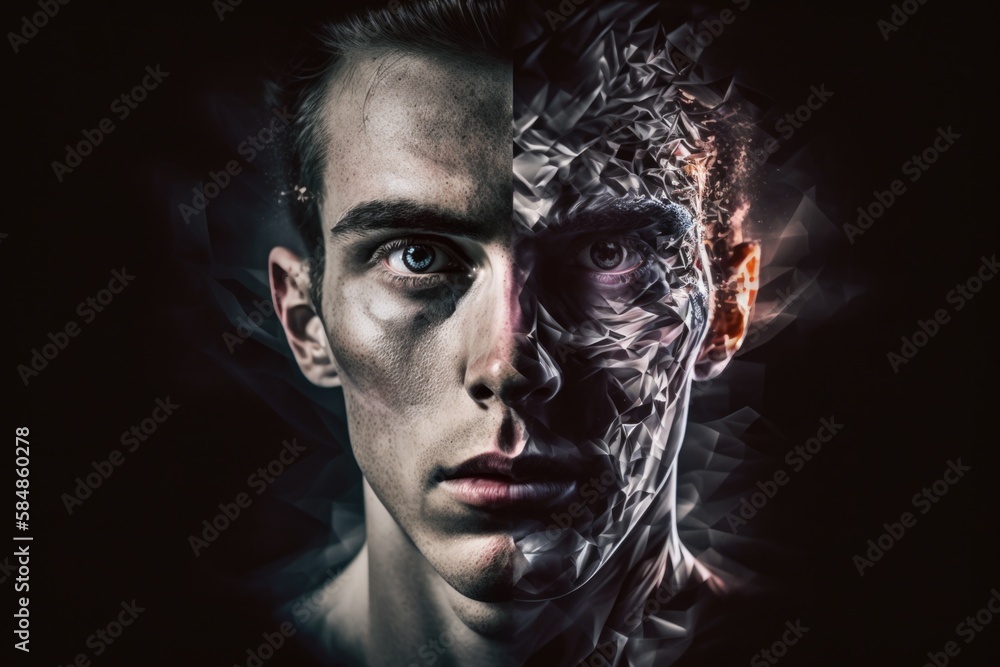 Poster a man with a face made of plastic and a face made of a piece of paper workshop stereoscopic photogra