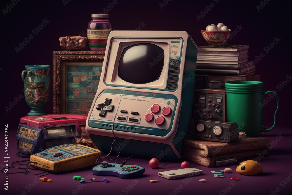Poster a computer game console surrounded by other items and a cup of coffee arcade found object art gaming