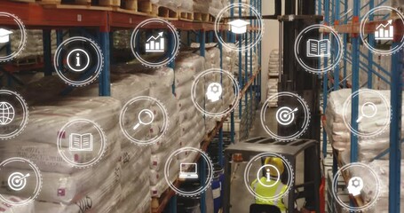 Animation of icons, rear view of african american worker piling sacks using forklift in warehouse