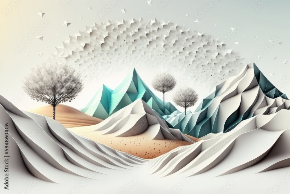 Poster a landscape with a mountain and trees in the snow and birds flying overhead lunar landscape paper cu