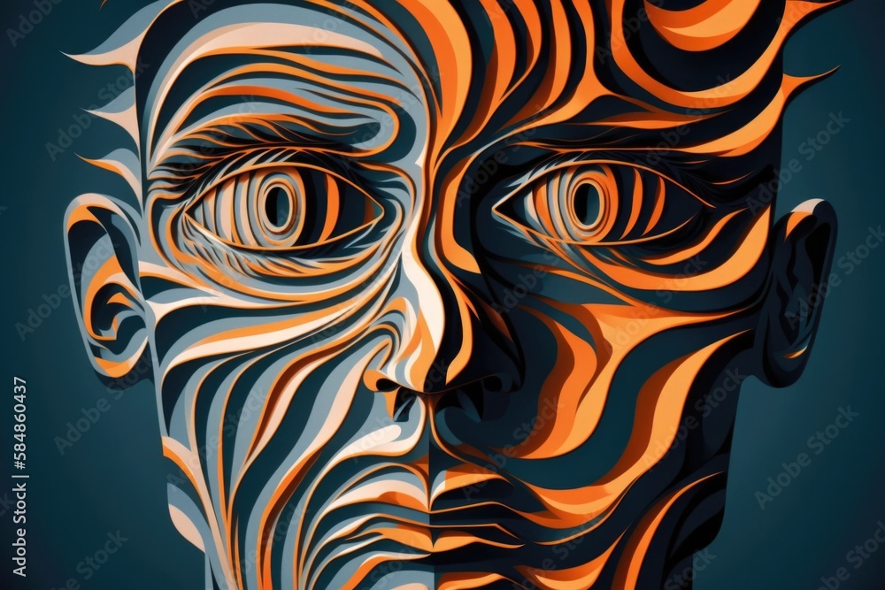 Poster a man's face with a distorted pattern of orange and blue art museum op art motion graphics generativ