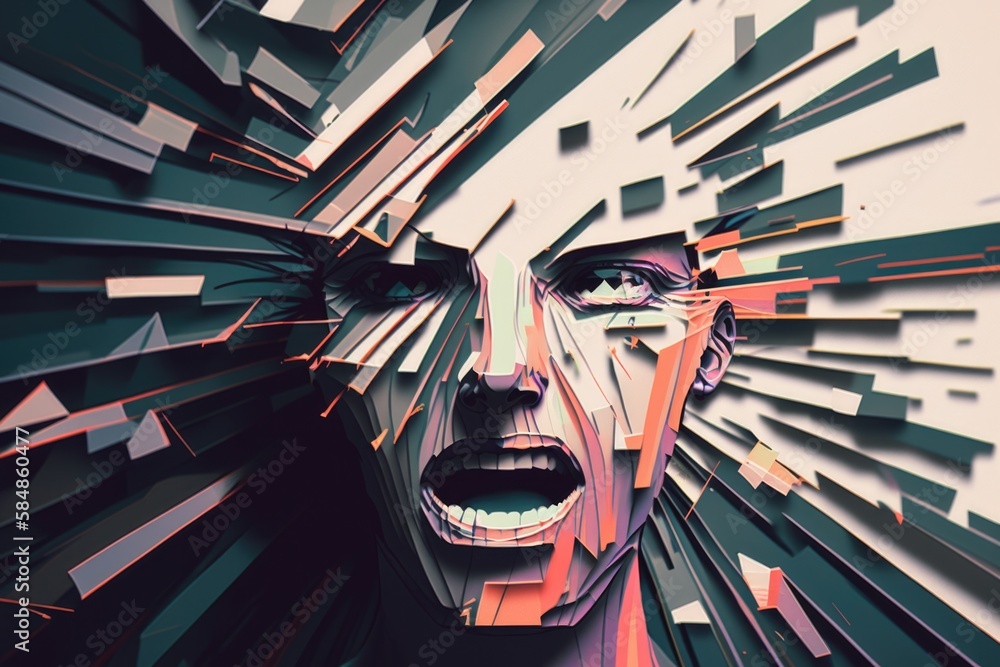 Poster a woman with her mouth open and a face made of many different colored blocks factory constructivism 