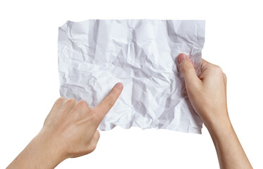 Hands holding and examining crumpled sheet of paper, cut out