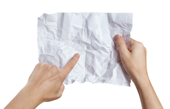 Hands holding and examining crumpled sheet of paper, cut out