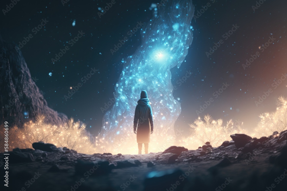 Aufkleber a man standing in the middle of a rocky area with a bright light tundra animation motion graphics ge