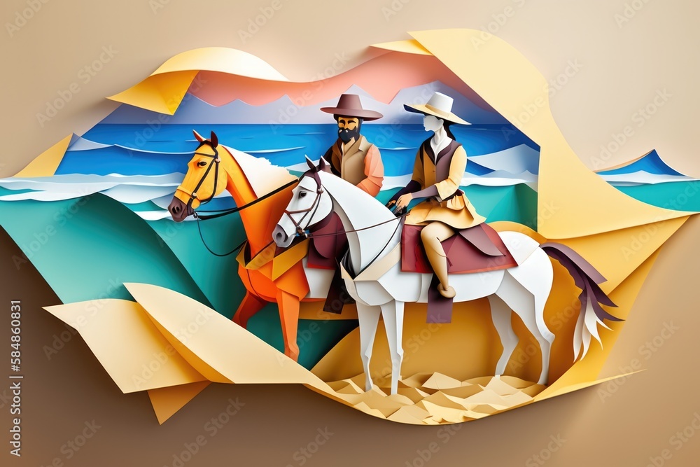 Aufkleber a paper cut of two men riding horses on a beach with a mountain in the background desert paper cutti