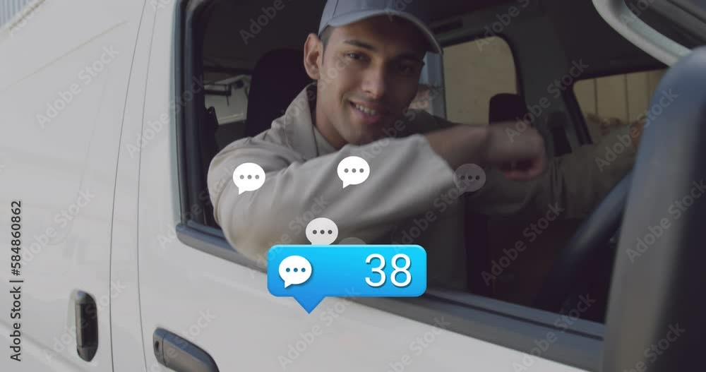 Poster animation of notification label with numbers and speech bubbles, biracial man sitting in vehicle