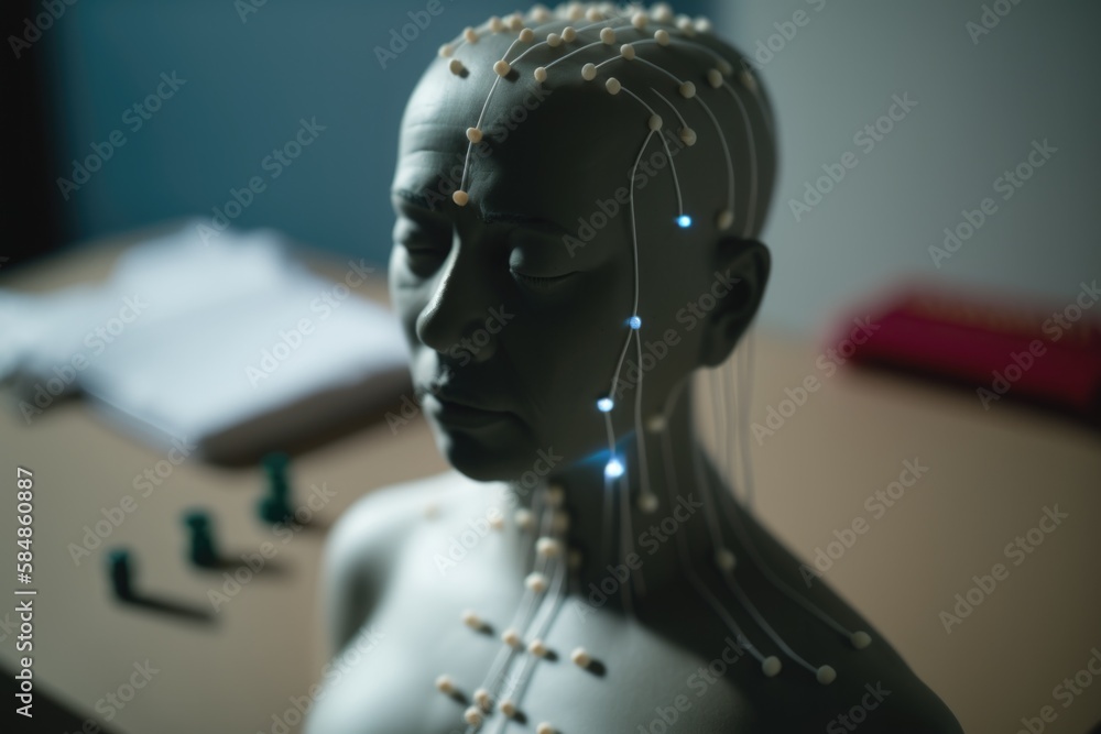 Poster a mannequin head with a string of beads on it science museum video art artificial intelligence gener