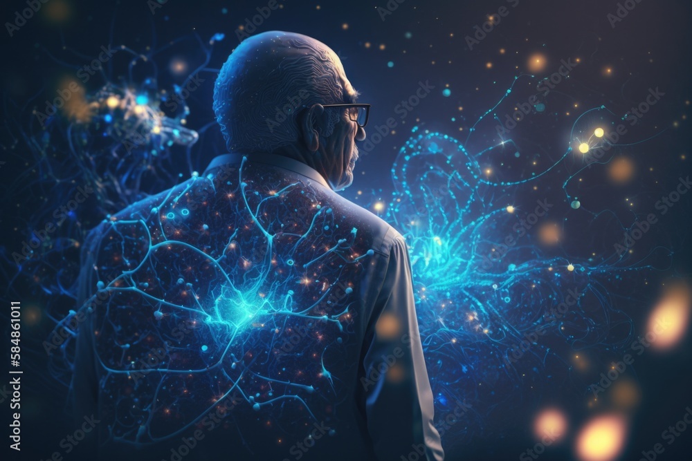 Poster a man with glasses and a jacket on looking at a computer generated image science museum advertising 
