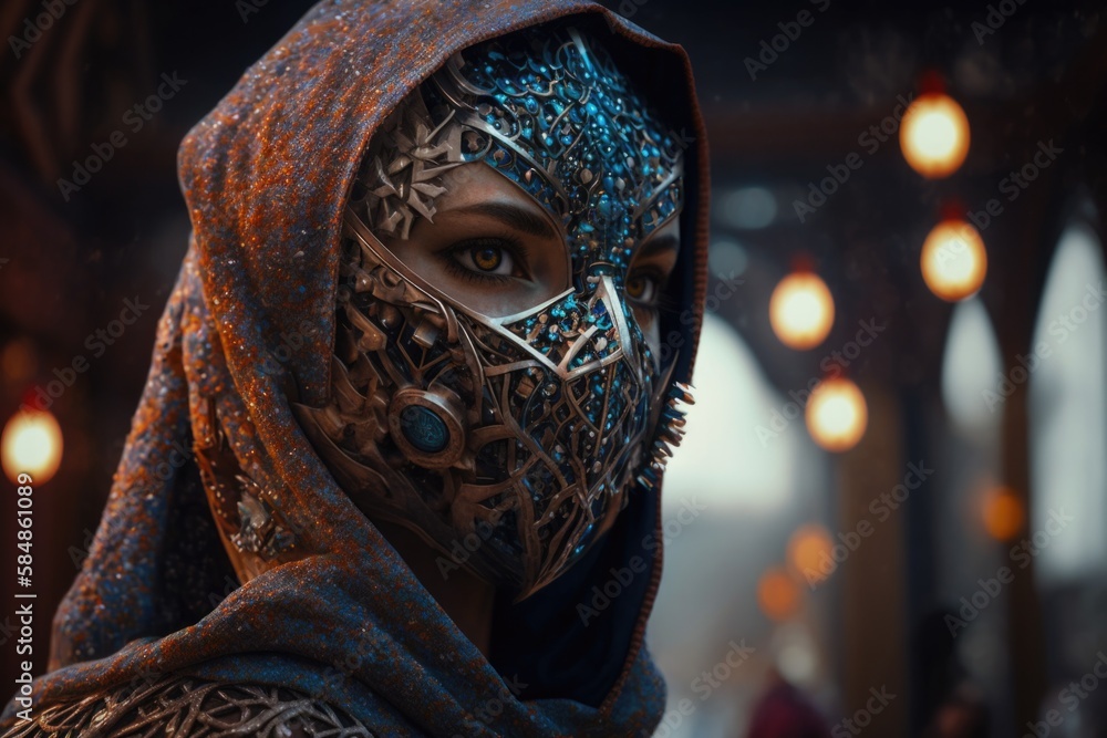Poster a man wearing a mask and a hood with a pattern on it arcade animation computer graphics generative a