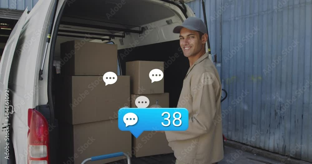 Poster animation of notification label with changing numbers, icon and shape, biracial man with notepad