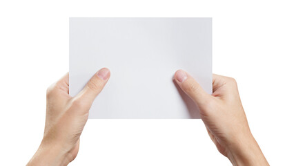 Hands holding a sheet of white paper, cut out