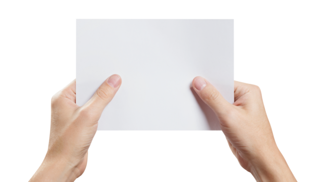 Hands holding a sheet of white paper, cut out