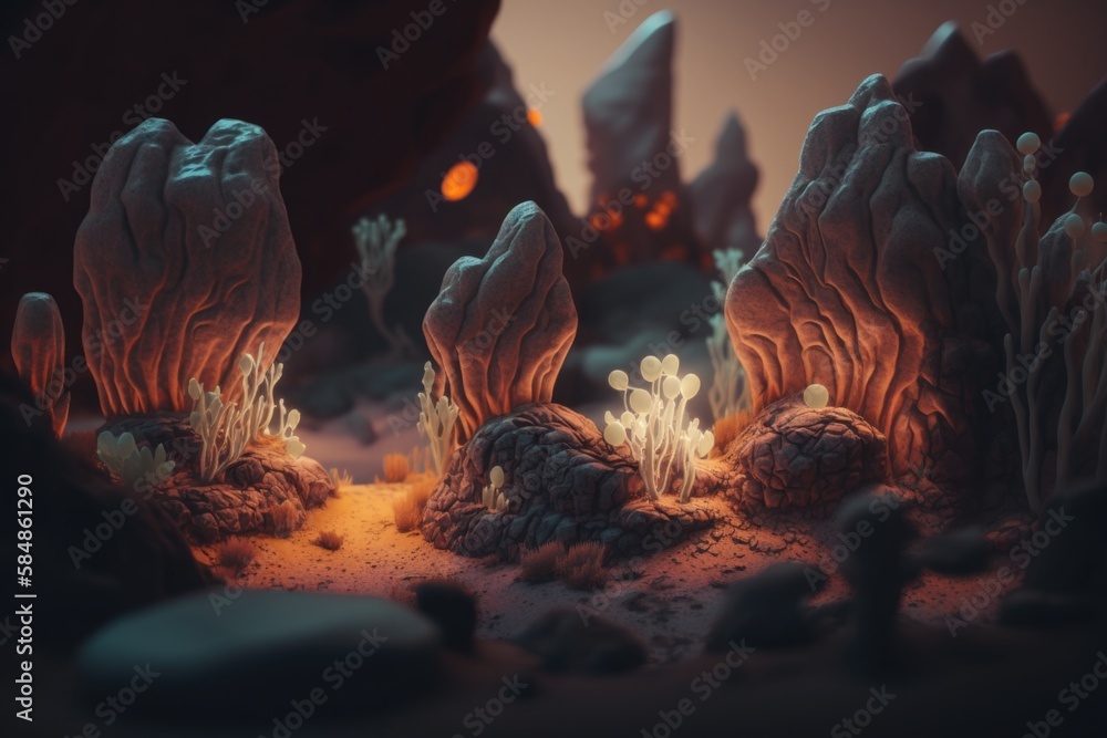 Aufkleber a scene of a desert with rocks and plants in the foreground lunar landscape animation motion graphic