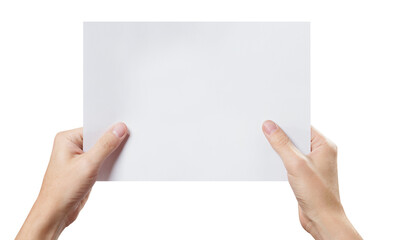 Hands holding a sheet of white paper, cut out