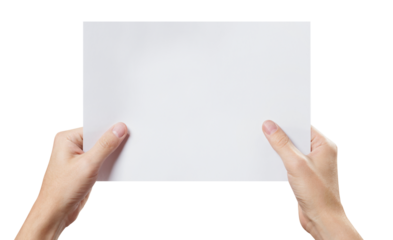 Hands holding a sheet of white paper, cut out