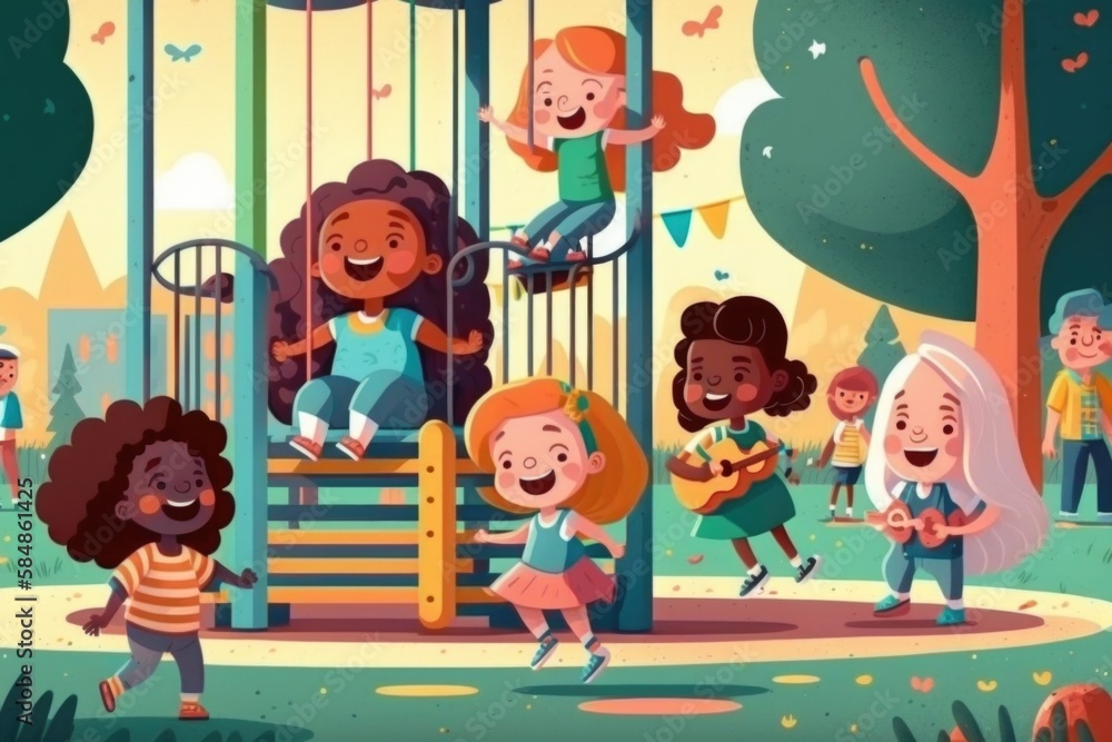 Poster A Group Of Children Playing On A Playground In A Park With A Swing Set Zoo Animation Diversity And Inclusion Generative AI 