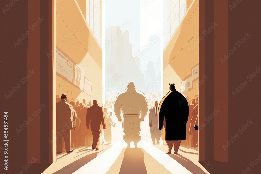 Poster a man walking down a hallway between two buildings with a giant man in the middle zoo animation crow