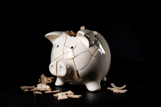 Broken Piggy Bank with Meager Savings symbolizing poverty, generative ai