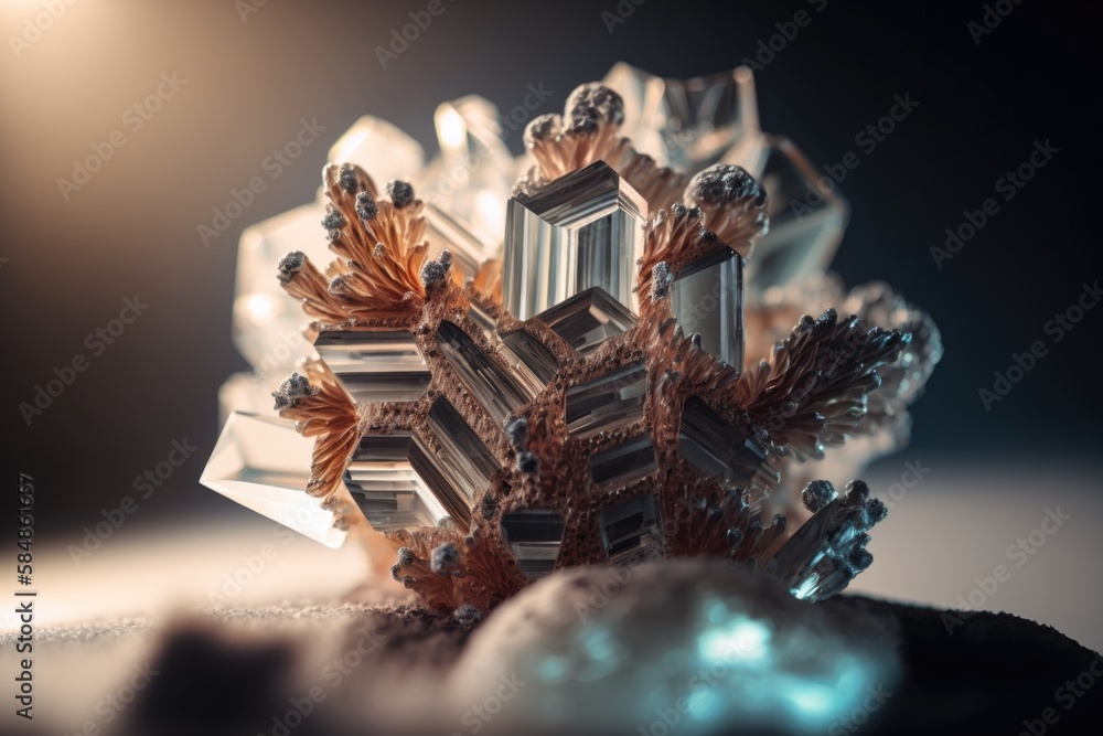 Poster a close up of a crystal object on a table top with a light shining on it tundra macro photography sc