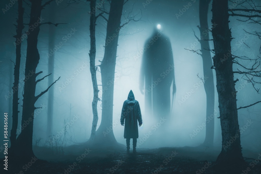 Poster a person standing in a foggy forest with a large object in the distance forest animation spirits