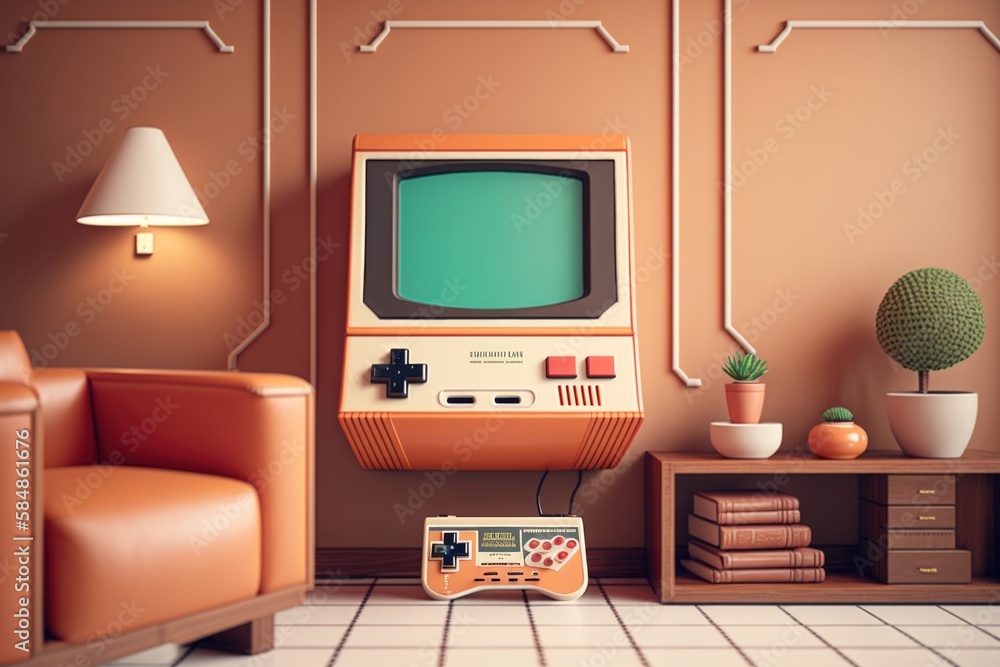 Aufkleber a retro computer sitting on top of a table next to a couch arcade video art interior design generati