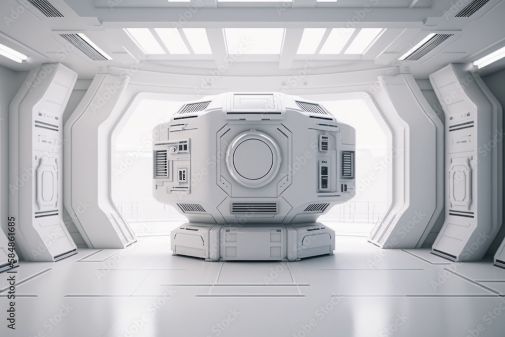 Poster a futuristic white room with a large round object in the center military base animation set design