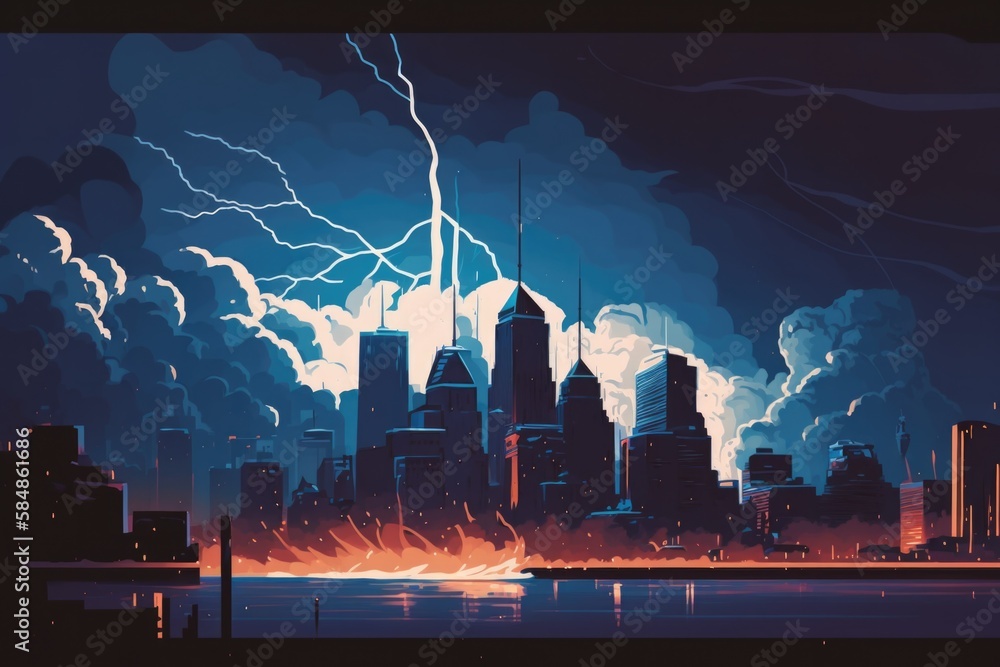 Poster a city skyline with lightning striking over it and a lake in front of it modern city skyline at suns