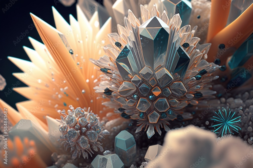 Poster a bunch of different colored crystals on a black background with a blue center glacier animation mot