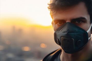 Close-up of a person wearing a mask with a blurred polluted cityscape in the background, generative ai